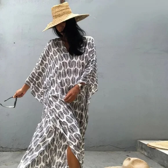 Grays Feather Foil Leaf Bohemian Gypsy Kaftan With Side Slit, Leaf Print - Picture 3 of 7